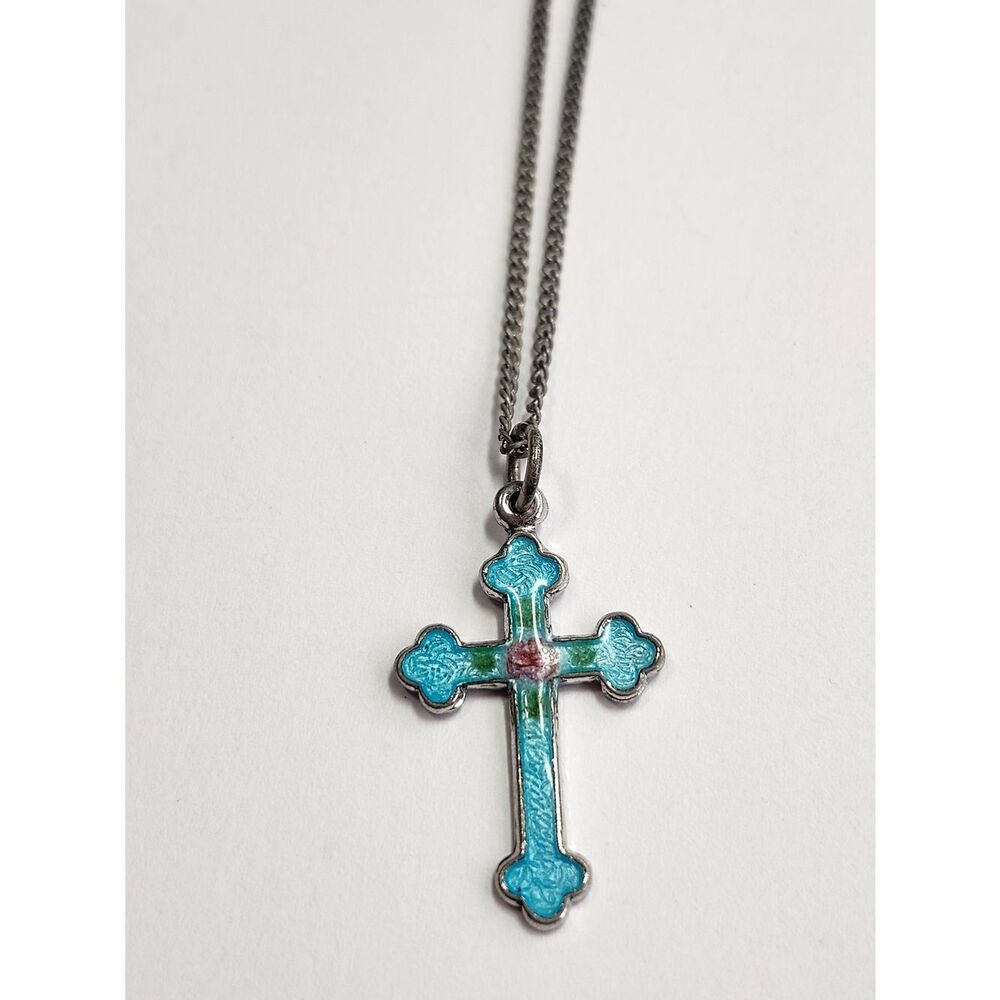 Vintage Turquoise Enamel Cross Pendant Necklace Sterling Silver Plated